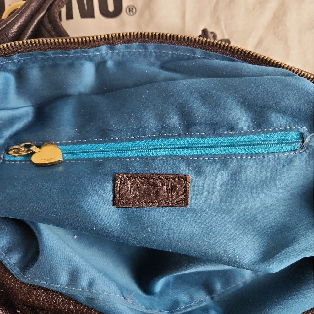 Vintage MOSCHINO Large Brown Pebbled Leather Dual Handle Bag Teal Lining 18" Y2K - Picture 5 of 12